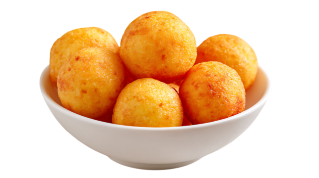 Cheese balls in a white bowl isolated on transparent background