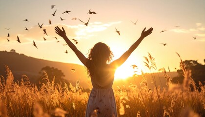 Woman with arms raised in a field at sunset