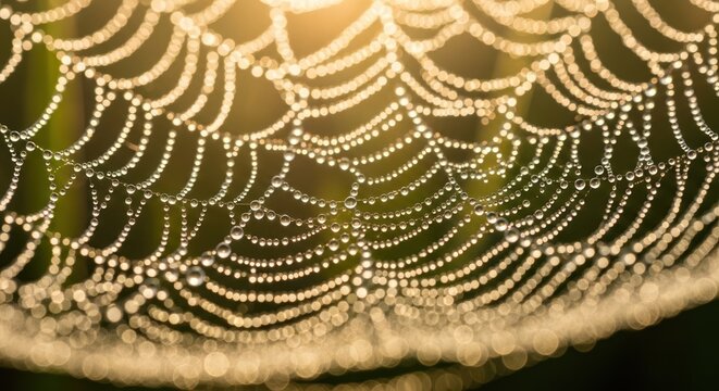 A spider web with dew drops on it, illuminated by sunlight.