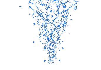 Illustration of blue confetti and streamers falling isolated on transparent background on transparent background
