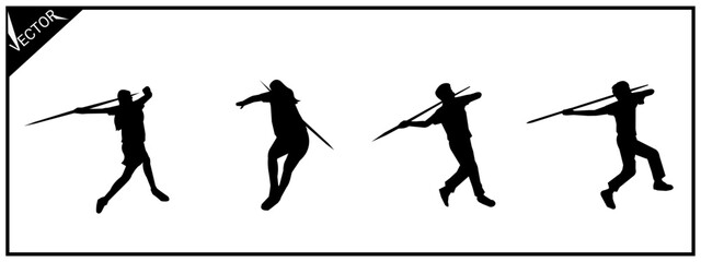 Collection of silhouettes of athletes throwing javelin poses. isolated on white background.