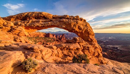 Arched rock formation framing a canyon vista with distant snow-capped mountains under a vibrant sky at sunset/sunrise