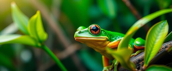 Close-up of vibrant green frog in lush rainforest habitat,  endangered species,  environment