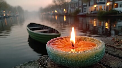 Candle on canal bank at dusk