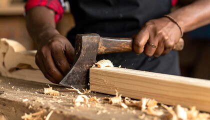 Carpenter using an axe to shape wood (1)