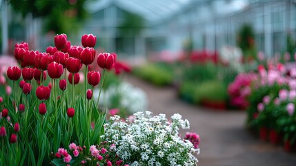 Abundant Red Tulips and Assorted Flowers in Lush Greenhouse Garden Under Bright Natural Light with Blurred Background of Greenery