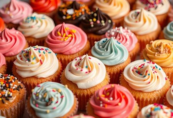Assorted mini cupcakes, various frostings & sprinkles, strawberry, red velvet
