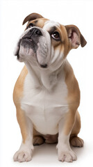 Fototapeta premium English bulldog sitting and looking forward against white background. 