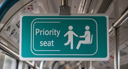 Priority seat sign displaying accessibility symbol in public transport  
