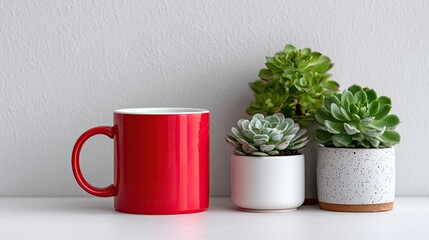 Red mug beside succulents in small pots
