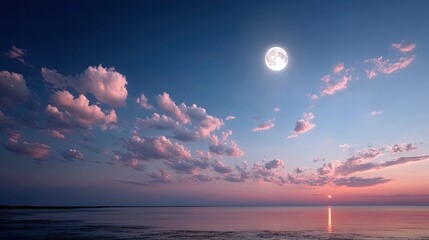 Full Moon Shining Over Calm Waters at Twilight with Pink Clouds and Clear Sky above Reflecting Light on Horizon