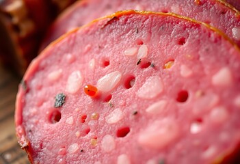 Close-up of a vegan salami slice, showing texture and nibble marks,   vegan appetizer,   organic