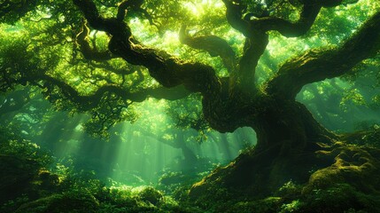 Sunlight filtering through ancient forest canopy