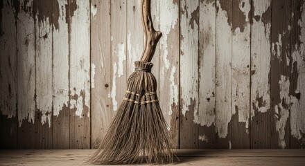 A broom with a wooden handle and bristles against a weathered wooden wall.
