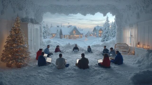 Winter's Embrace: A circle of individuals, immersed in the tranquil hush of winter. The scene reveals a shared experience amidst snow-dusted surroundings, offering a moment of unity.