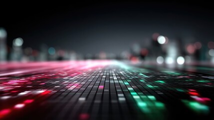 Futuristic Digital Grid Abstract with Binary Code Landscape Pink and Green Light Effect Data Flow on Dark Background