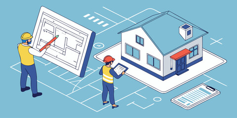 Isometric Architects and Engineers Working on Blueprints and 3D House Models.