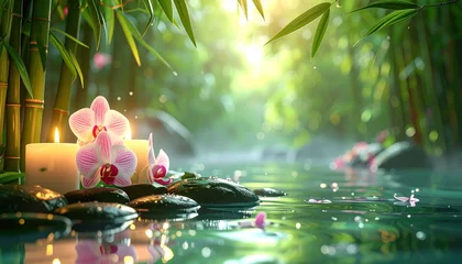 Canvas schilderij Toilet Serene waterscape with orchids and candles framing mist rising from the flowing water, with bamboo & greenery against a luminous backdrop  © Juan