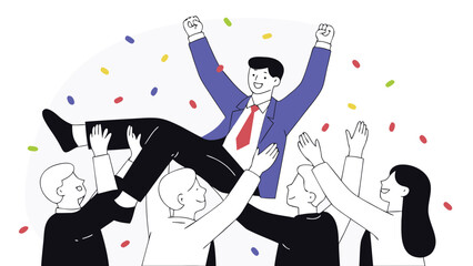 Team celebrating success by lifting a man in the air with confetti