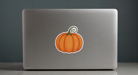 Pumpkin sticker on silver laptop against dark background  