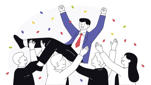 Team celebrating success by lifting a man in the air with confetti