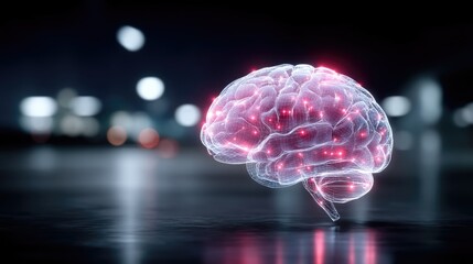 Futuristic Glowing Blue Brain Hologram with Red Light on a Dark Surface with Out of Focus Cityscape Background