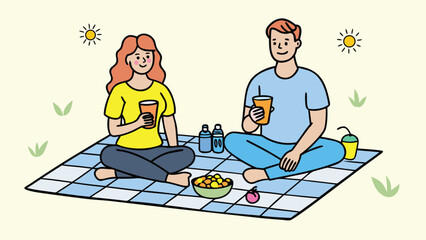 Couple enjoying a picnic in the park on a sunny day with drinks and snacks