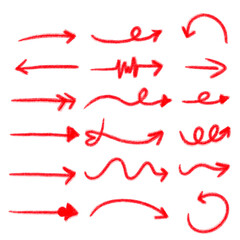 A playful dance of red arrows pointing every which way illustrating choices and directions on transparent