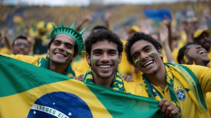 Joyful Fans Embrace: Vibrant crowd of supporters wave a national flag, exuding exuberant energy and national pride in a stadium setting.