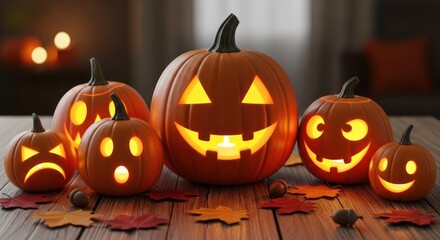 A collection of carved pumpkins with various expressions and lighting, arranged on a wooden table with autumn leaves.