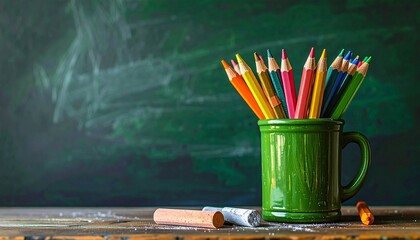 Colorful pencils in a green mug on a wooden surface against a chalkboard background