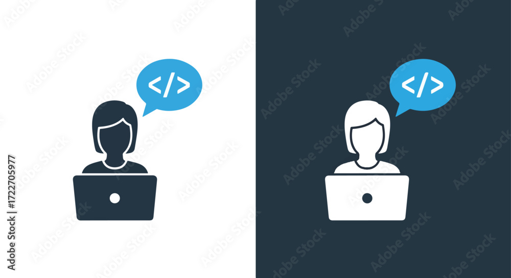 Wall mural person coding on laptop with speech bubble icon showing code symbol for programming and development