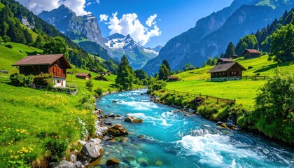 Scenic mountain valley view with a turquoise river, green meadows, wooden houses, and snow-capped peaks under a clear blue sky