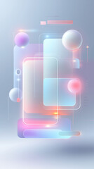 Obraz na płótnie Canvas Colorful abstract 3D illustration with pastel gradients, spheres, and glass-like UI shapes. 