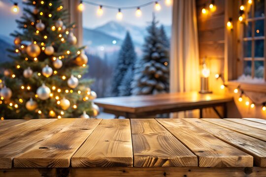A cozy, decorated christmas tree with warm lights and ornaments, set against a snowy mountain landscape viewed through a rustic cabin window
