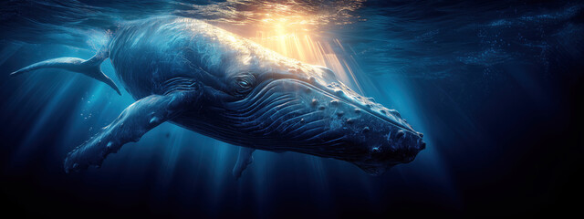 Fototapeta premium Majestic Whale Gliding Through Sunlit Ocean Depths with Rays of Light Illuminating Water Surface. Banner, copy space