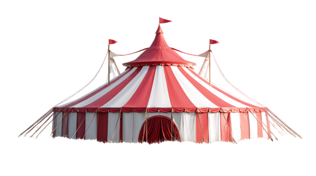 Red and white striped circus tent isolated on transparent background