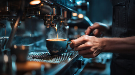 Naklejka premium Close up of espresso pouring into blue cup from professional coffee machine at cafe