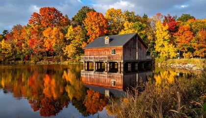 Autumnal cabin reflection