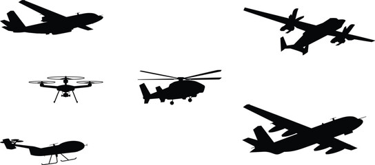 Black and white aircraft silhouettes, airplane, helicopter, drone, UAV, jet, propeller plane, aviation design, flying vehicle recognition illustration