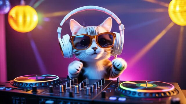 Cute DJ cat wearing sunglasses and headphones mixing music in colorful disco lights