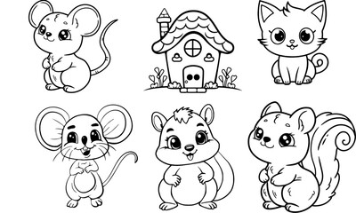 Cute Chipmunk and Mouse Coloring – Simple Line Art House Pages for Kids, Cartoon Animal Joyful Illustration Vector Set