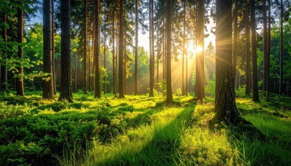 Sun rays pierce through tall trees in a lush forest, illuminating the verdant ground with dappled light and creating striking shadows