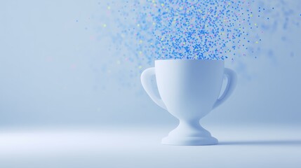 White trophy cup with colorful confetti particles floating above, set against a soft blue background, symbolizing achievement and celebration in a minimalist design