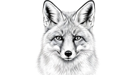 Fototapeta premium Realistic Pencil Sketch of a Fox Head Front View Black and White on White Background