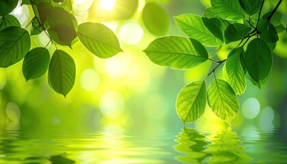 Lush green leaves over a shimmering water surface, bathed in sunlight, create a serene, natural scene full of freshness and vibrant colors