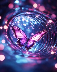 Majestic glowing purple butterfly gracefully soaring through an enchanting abstract tunnel of radiant electric blue and pink light energy amidst shimmering bokeh particles