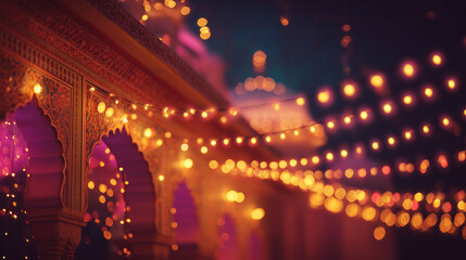 Obraz premium Royal Indian palace backdrop with festive lights - Perfect for Diwali, Dussehra, wedding celebrations, cultural posters, greeting cards, invitations, banners, and digital designs 