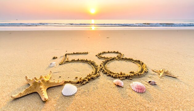 Golden sunrise over a tranquil ocean beach with the number 58 inscribed in the sand, a beautiful celebration concept with starfish and shells