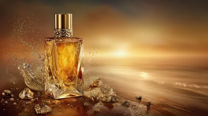 Golden Perfume Bottle On Sandy Beach Sunset